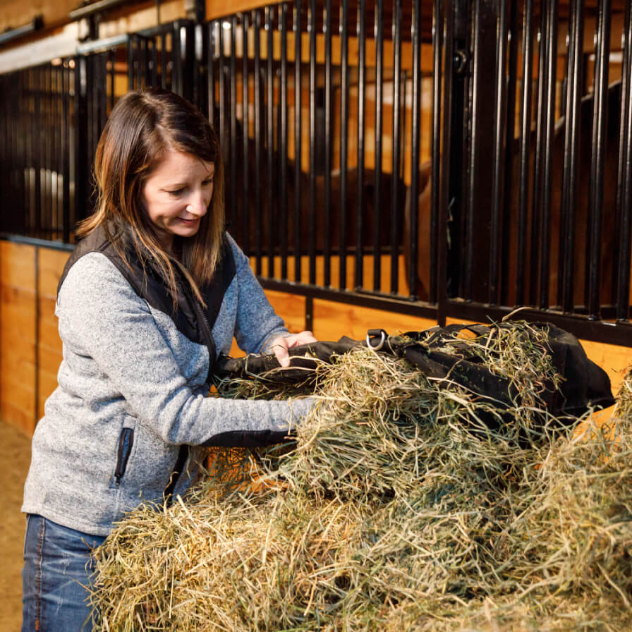 A women filling a feed basket for a horse with hay in a barn