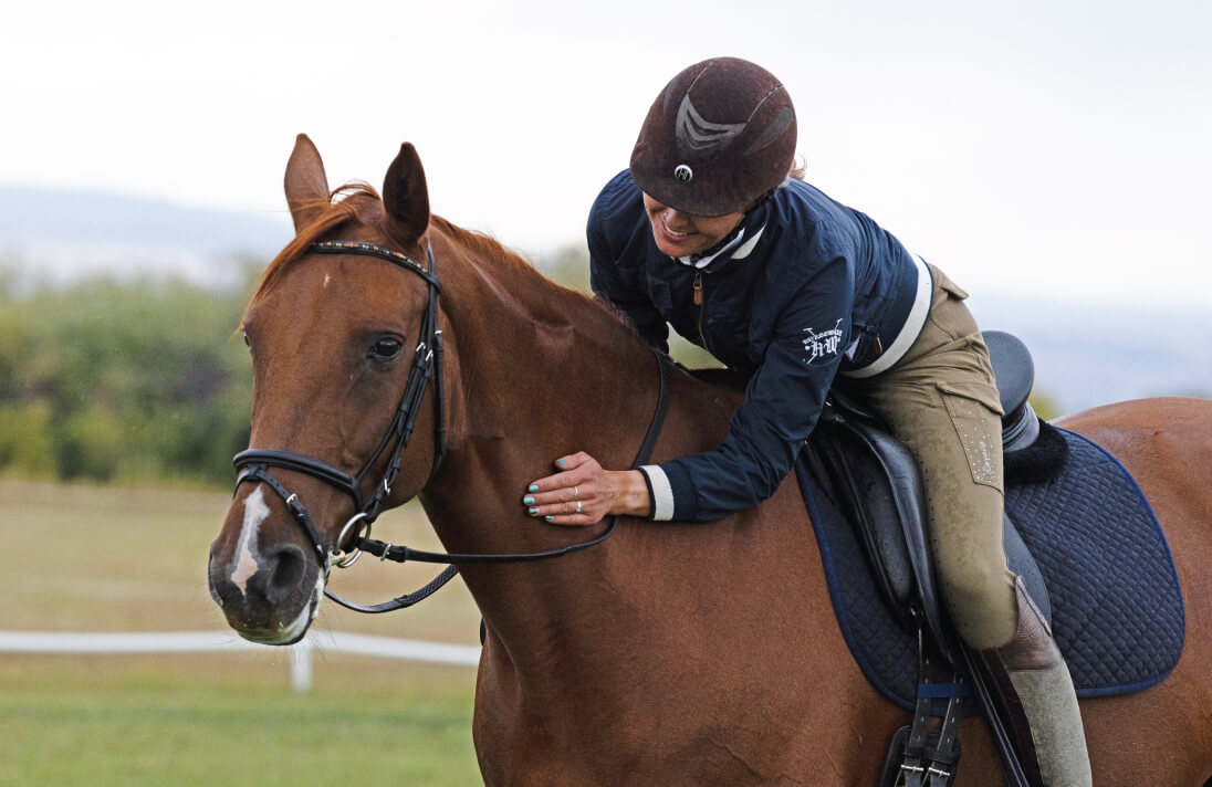 Person in riding gear bent over petting a brown horse while riding