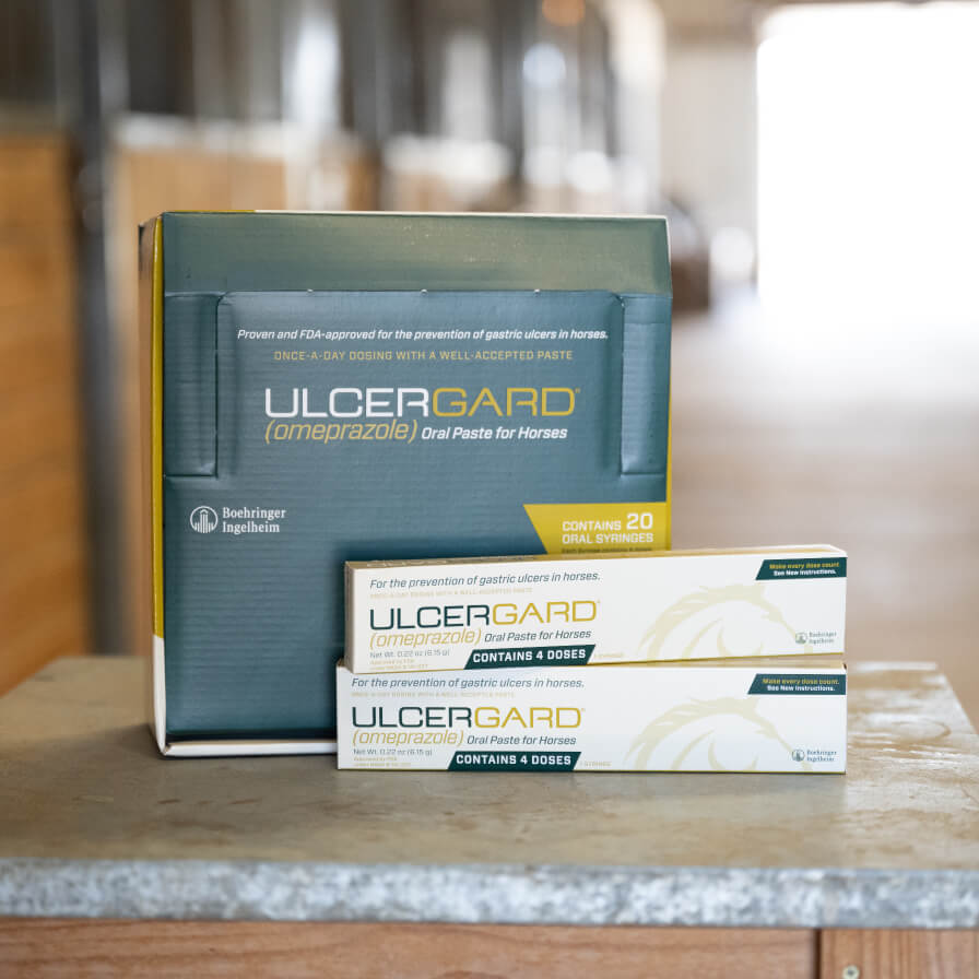 An image of Ulcergard in it's packaging sitting on a table in a barn