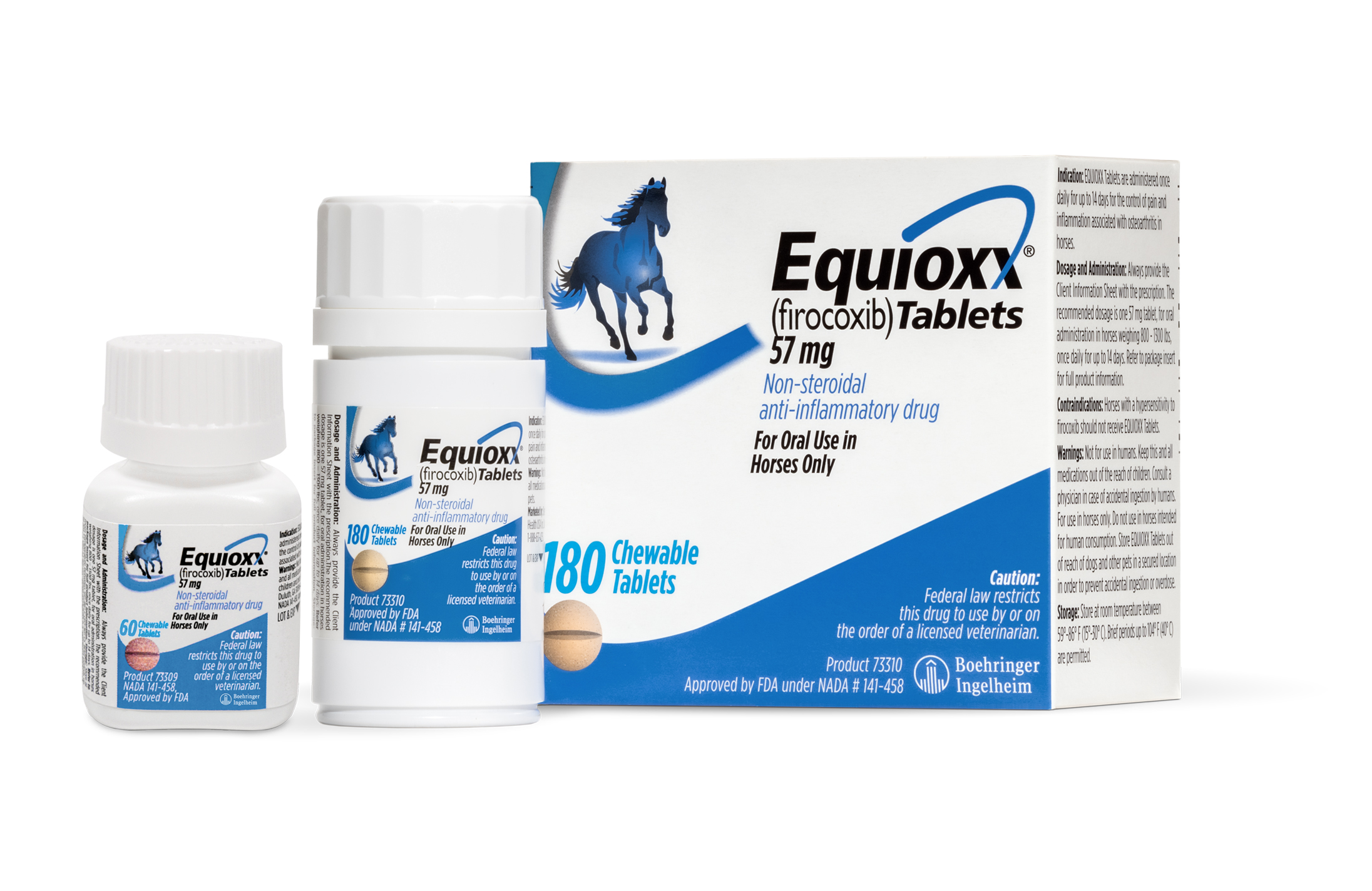 Equioxx (firocoxib) Tablets for horses, a non-steroidal anti-inflammatory drug, shown in bottles and packaging.