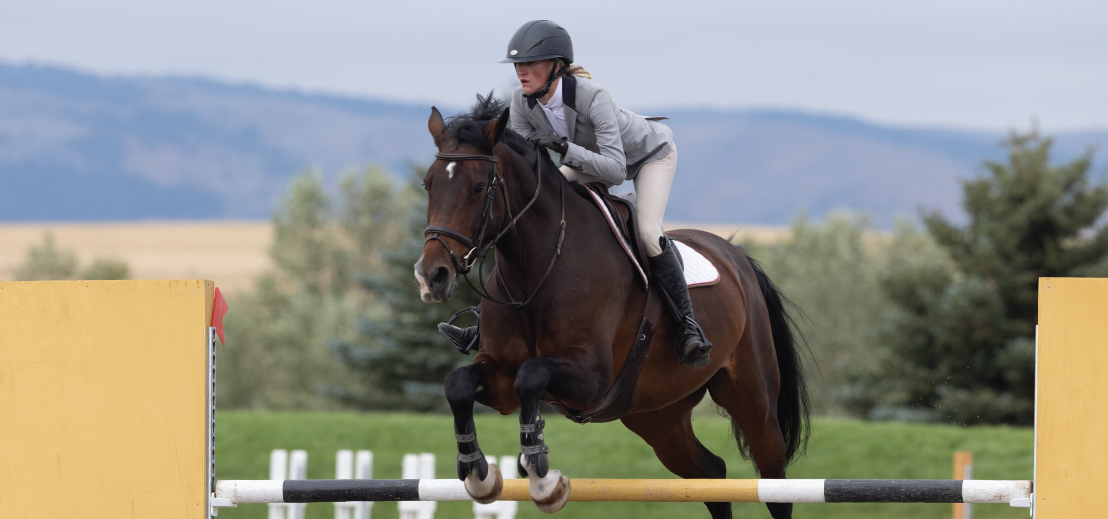 A women riding a brown horse as it jumps over a fence