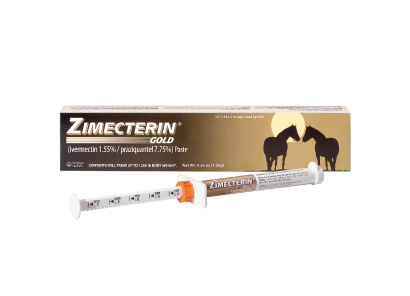 Zimecterin Gold dewormer paste for horses, with ivermectin and praziquantel, in a syringe and box packaging.