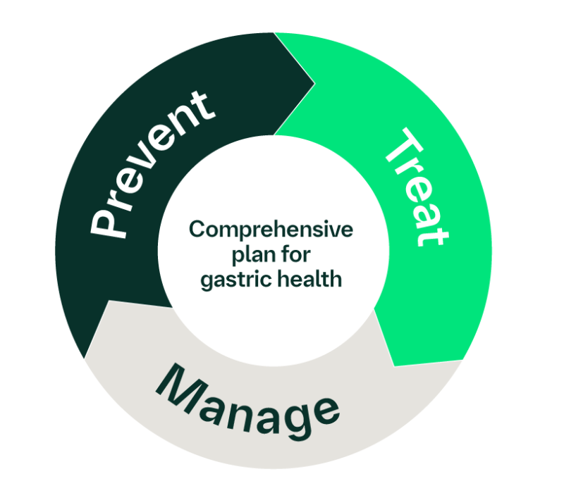 Cycle for gastric health: prevent, treat, manage; comprehensive plan in the center.