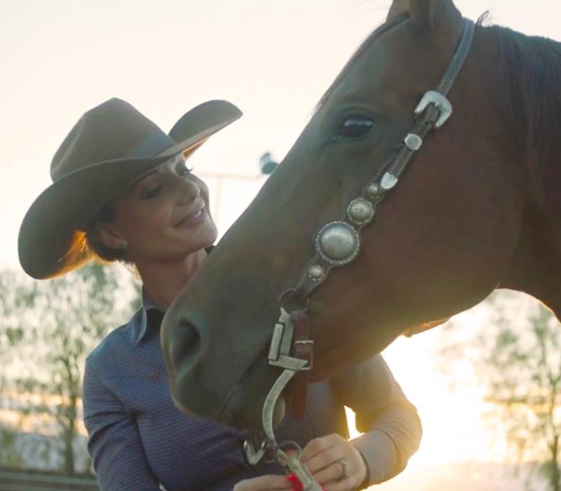 Brittany Factor professional veterinarian caring for a horse at sunset