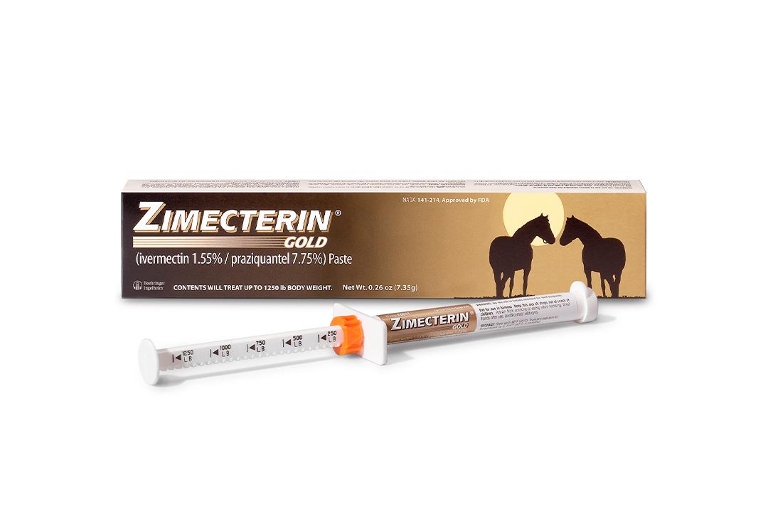 Zimecterin Gold product packaging, gold box with a white injector