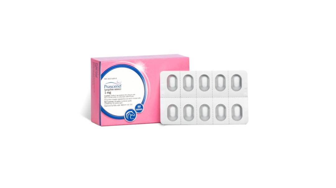 Prascend pergolide tablets packaging and blister pack for horse endocrine health treatment.