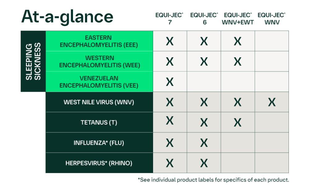 At-a-glance chart comparing Equi-Jec vaccines for protection against various equine diseases."