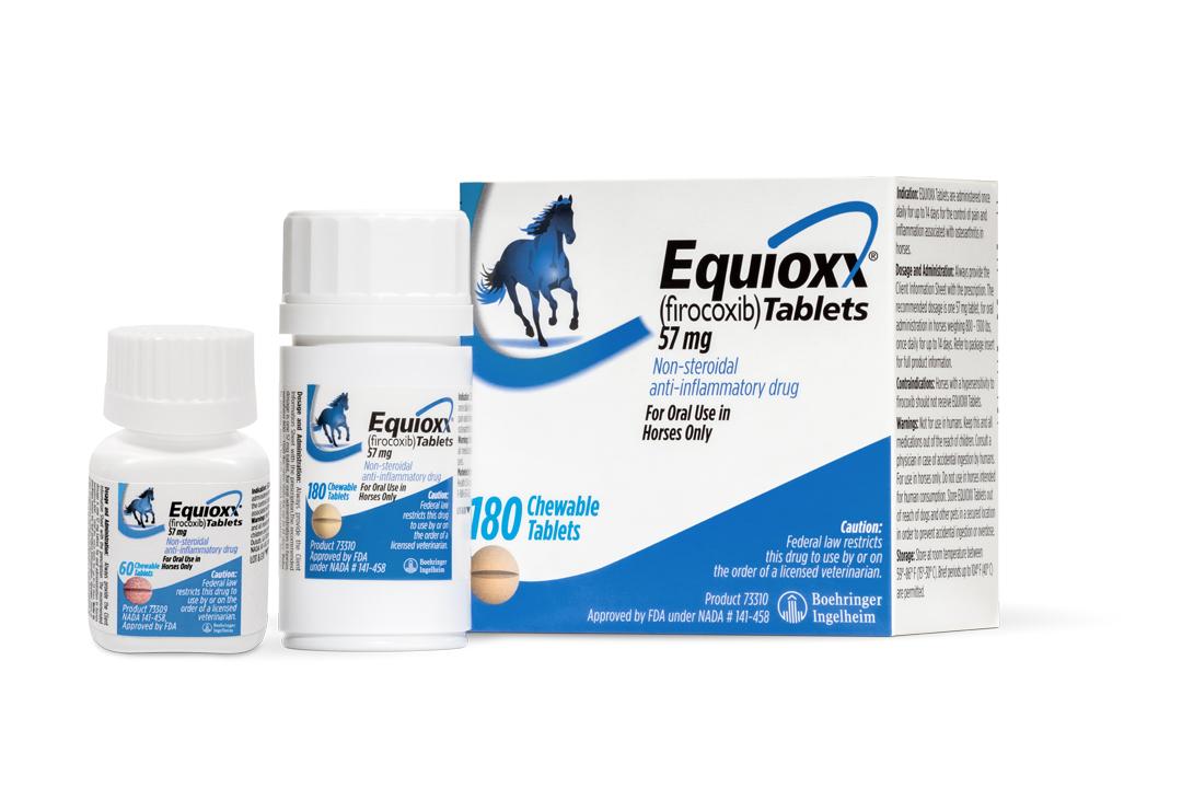 Equioxx (firocoxib) Tablets for horses, a non-steroidal anti-inflammatory drug, shown in bottles and packaging.